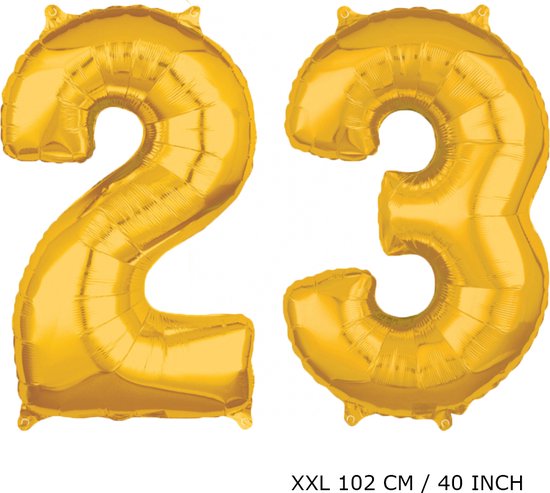 Mega grote XXL gouden folie ballon cijfer 23 jaar.  leeftijd verjaardag 23 jaar. 102 cm 40 inch. Met rietje om ballonnen mee op te blazen.