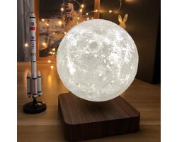Zwevende Maanlamp | Eikenhout look | Warm wit | Tafellamp | 3D Maanlamp | Moonlamp | Uniek cadeau