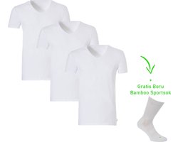 Bamboo T-Shirt - V-Hals - Super zacht - Antibacterieel - Perfect draagcomfort - 95% Bamboo - 3 stuks - 1 paar bamboo sokken cadeau - Wit - XXL