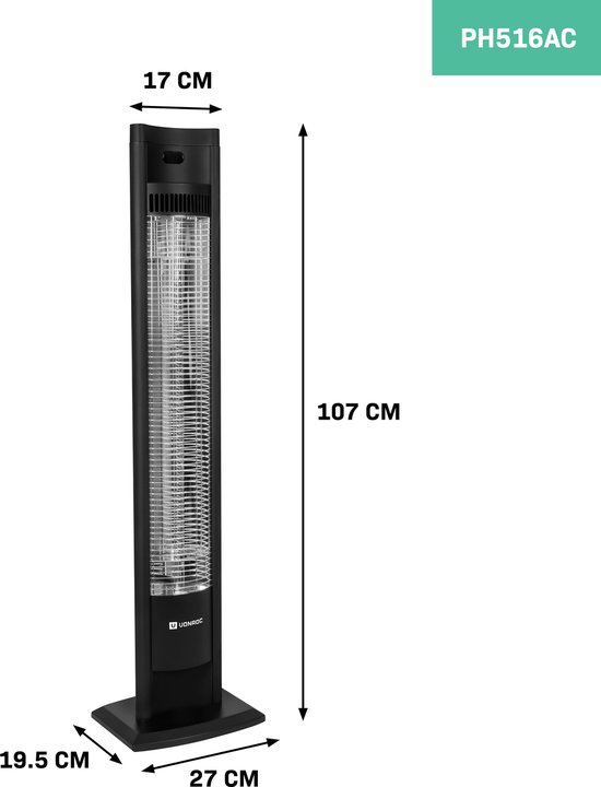 VONROC Terrasverwarmer Filicudi – Infrarood - 2000W – Hoog rendement - Carbon element – 2 verwarmingsstanden – LCD Scherm - Incl. Afstandsbediening