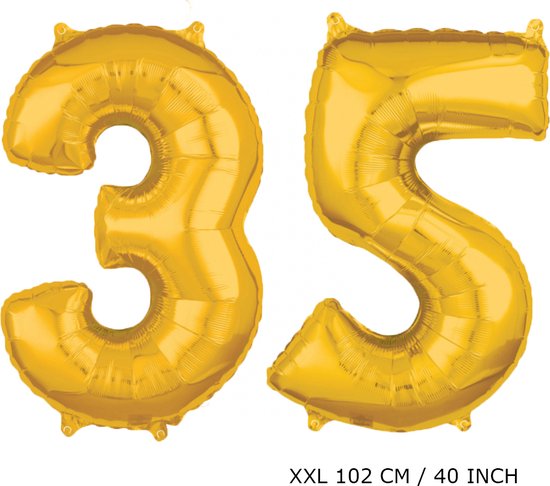 Mega grote XXL gouden folie ballon cijfer 35 jaar.  leeftijd verjaardag 35 jaar. 102 cm 40 inch. Met rietje om ballonnen mee op te blazen.