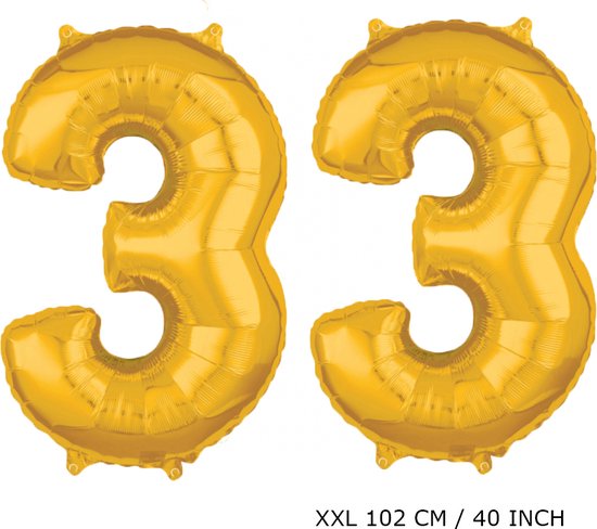 Mega grote XXL gouden folie ballon cijfer 33 jaar.  leeftijd verjaardag 33 jaar. 102 cm 40 inch. Met rietje om ballonnen mee op te blazen.