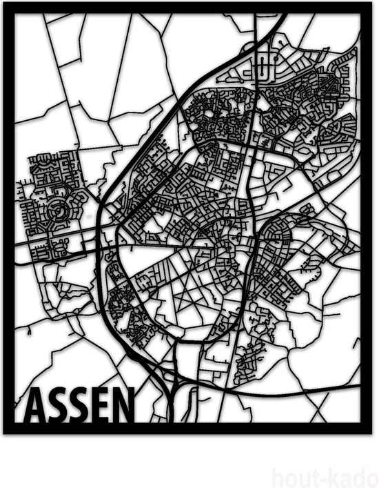 Hout-Kado Citymap Assen - Zwart - XL - Houten Stadskaart - Houten wanddecoratie - Plattegrond