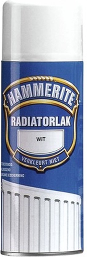 Hammerite Radiatorlak spuitbus wit. Afbeelding van een radiator op de bus.