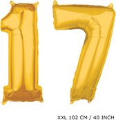 Mega grote XXL gouden folie ballon cijfer 17 jaar.  leeftijd verjaardag 17 jaar. 102 cm 40 inch. Met rietje om ballonnen mee op te blazen.