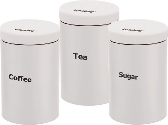 Ensemble de trois boîtes de conservation blanches Klausberg avec les inscriptions 'Coffee', 'Tea' et 'Sugar'.