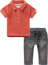 Noppies - Kledingset - 2delig - Broek Navoi Jeans Grey Denim - shirt Polo badstof Tonga oranje - Maat 56