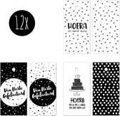 12x Cadeaulabels Verjaardag / Labels van karton | mix van 3 soorten | 80 x 40 mm | zwart-wit