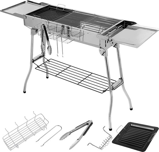 Luxiqo® Grill Barbecue – Houtskool BBQ – Barbecues – Zijtafels – Draagbare Camping BBQ – Grill voor Buiten – RVS – 122 x 30 x 75 cm