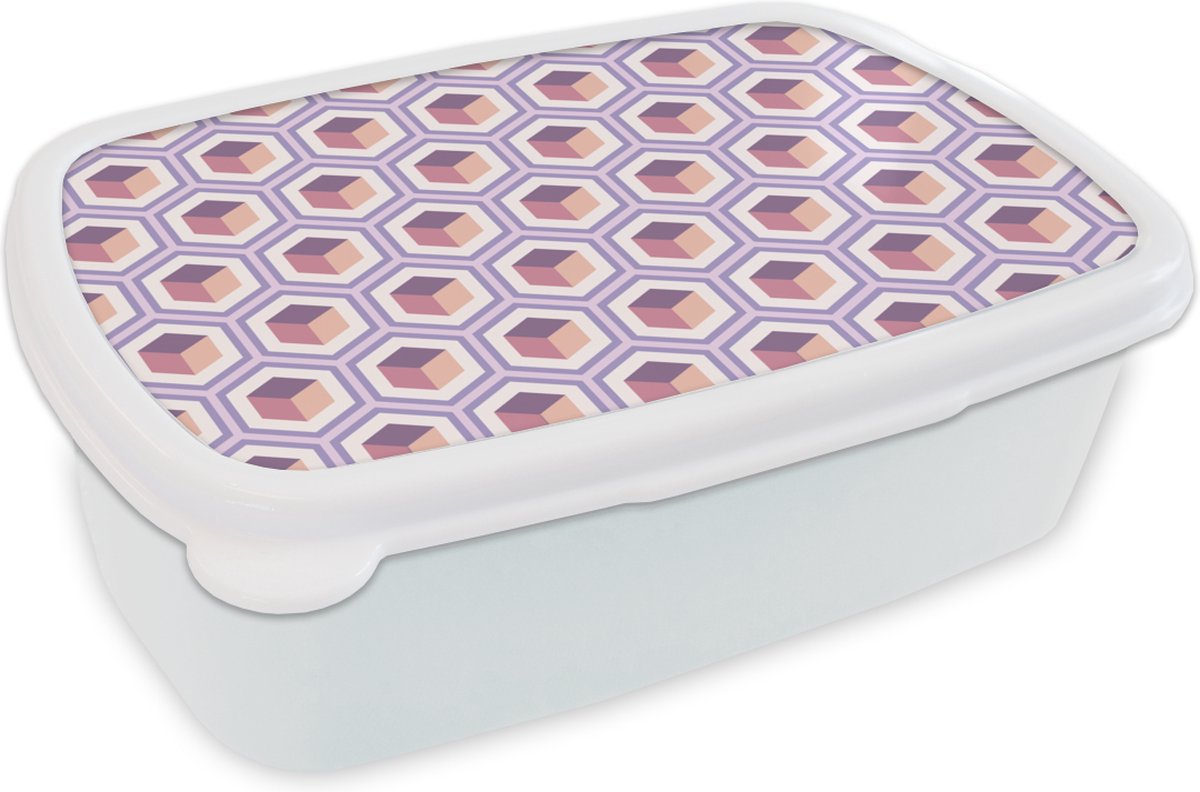 Broodtrommel Wit - Lunchbox - Brooddoos - Cube - Kubus - Patronen - 18x12x6 cm - Volwassenen