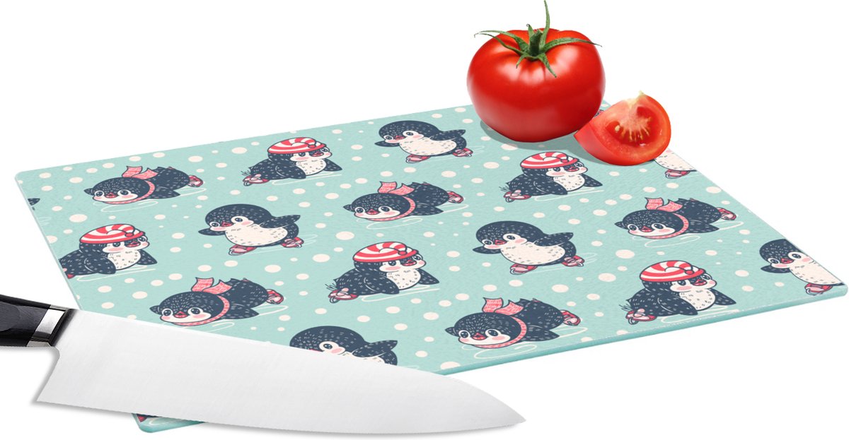 Glazen Snijplank - 28x20 - Pinguïn - Schaatsen - Muts - Kinderen - Patroon - Snijplanken Glas