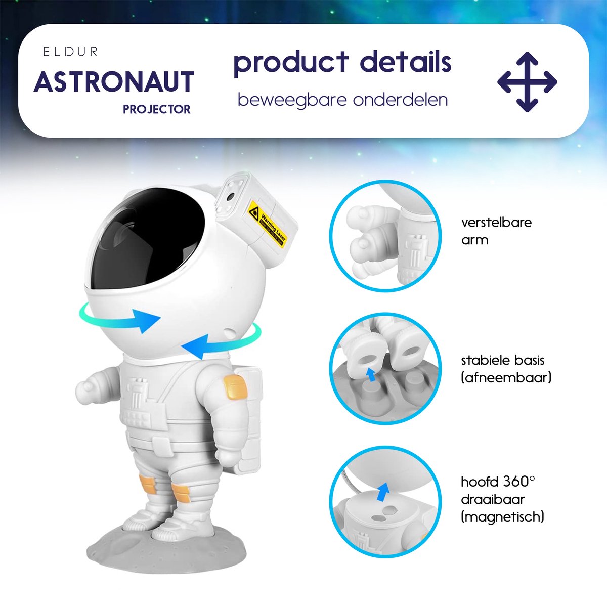 Eldur® Astronaut Sterren projector - Sterrenhemel - Galaxy projector - Incl. NL handleiding – foto 7