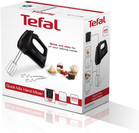 Tefal Quick Mix HT3108 - Handmixer - 5 Snelheden en Turbofunctie - Met Deeghaken en Gardes - Compact - 300W - Zwart van Merkloos — afbeelding 2