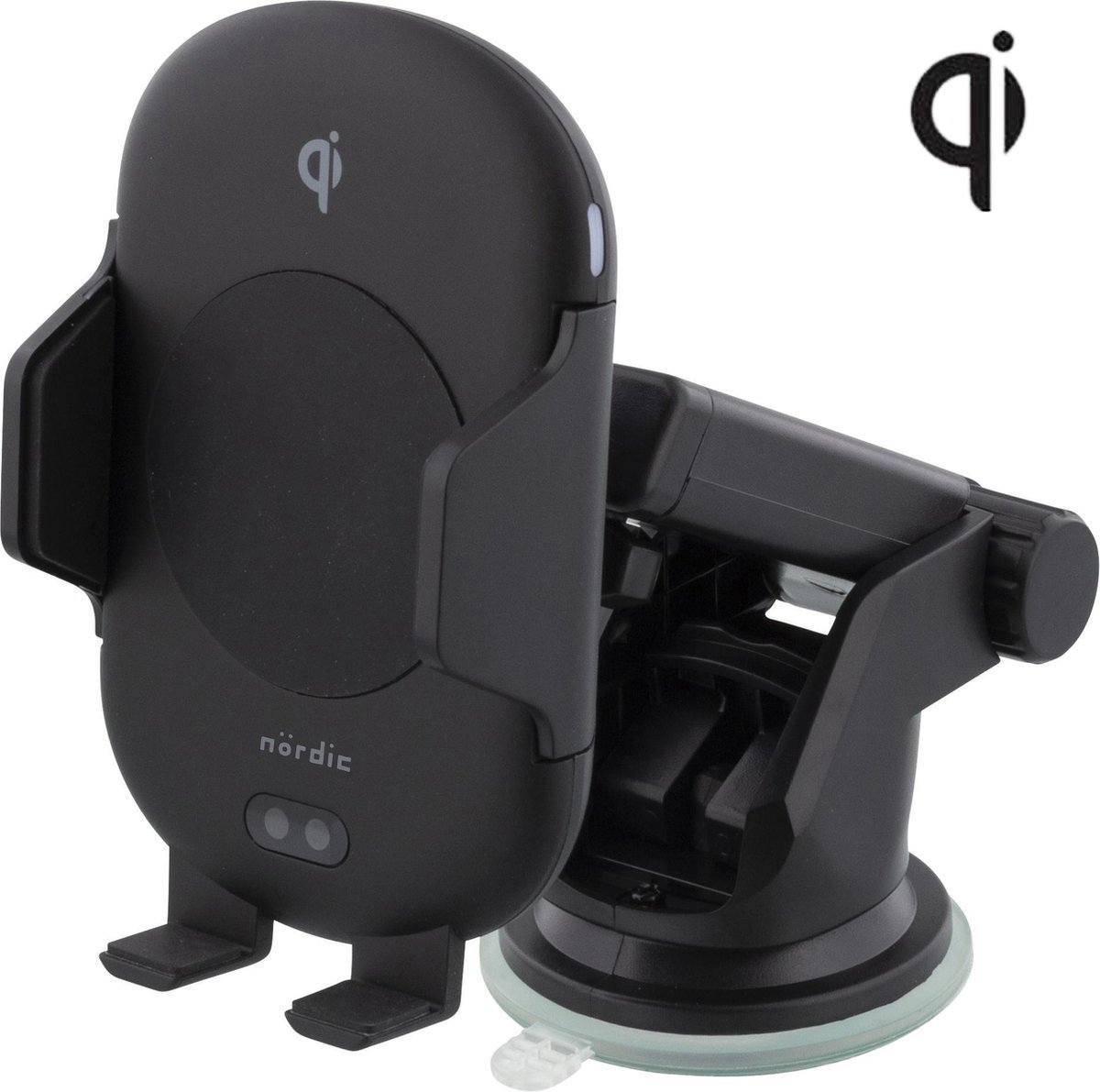 NÖRDIC QICR-N1001, Verlengbare Auto Telefoonhouder met Qi draadloos opladen 10W, zuignap/ ventilatierooster, Automatisch, zwart