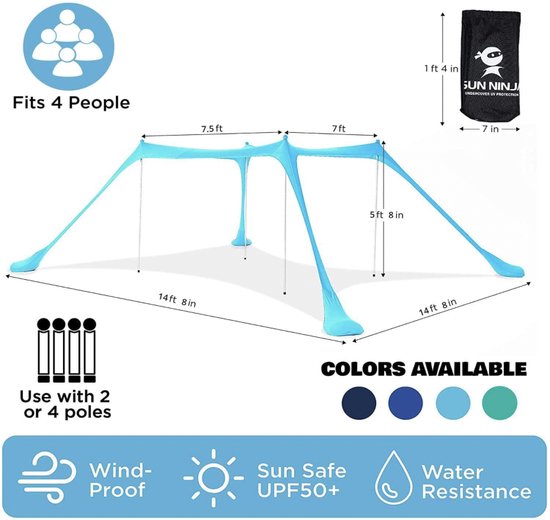 SUN NINJA Pop Up Beach Tent Sun Shelter UPF50+ met zandschep, grondharingen en stabiliteitstokken, buiten schaduw voor kampeerreizen, vissen, achtertuin plezier of picknicken van SUN NINJA — afbeelding 3