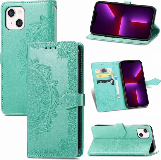 Étui de téléphone vert à motif floral, collage de l'étui et du téléphone seul.