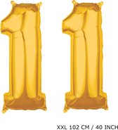 Mega grote XXL gouden folie ballon cijfer 11 jaar.  leeftijd verjaardag 11 jaar. 102 cm 40 inch. Met rietje om ballonnen mee op te blazen.