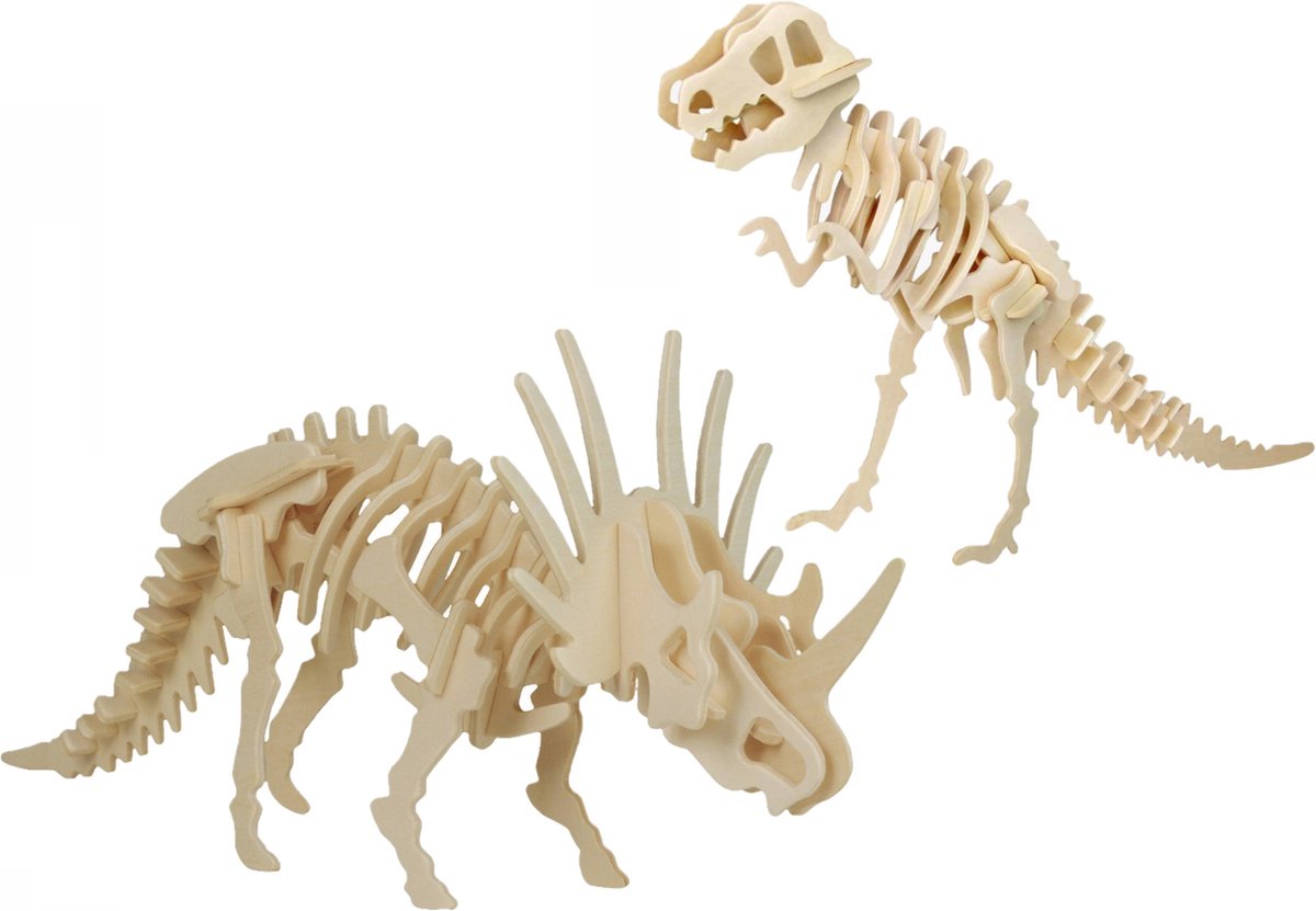 Houten 3D dieren dino puzzels set - T-rex en styracosaurus - Speelgoed bouwpakketten - kinderen