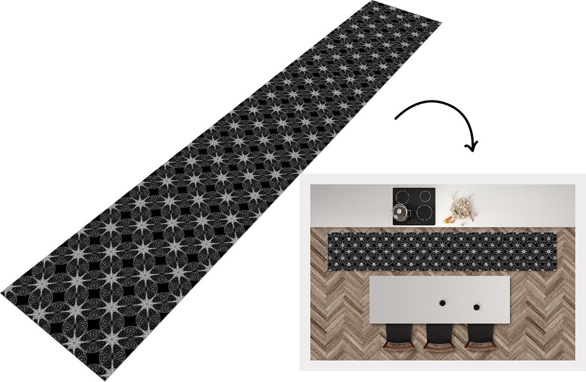 KitchenYeah Keukenloper - Keukenmat - Kompas - Patronen - Zwart Wit - 360x60 cm - Keuken vloerkleed Zwart; Wit