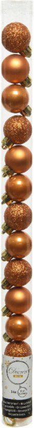 14x mini boules de Noël en plastique marron cognac (ambre) 3 cm - brillant/mat/paillettes - Décorations pour sapins de Noël
