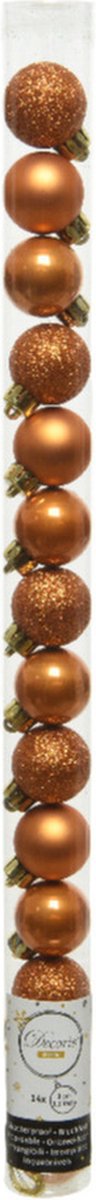 Decoris Mini kerstballen - 14x st - cognac bruin - D3 cm - kunststof - kerstversiering