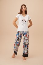 Suwen- Dames Pyjama Set -Homewear -Satijn Zwart Print Maat S
