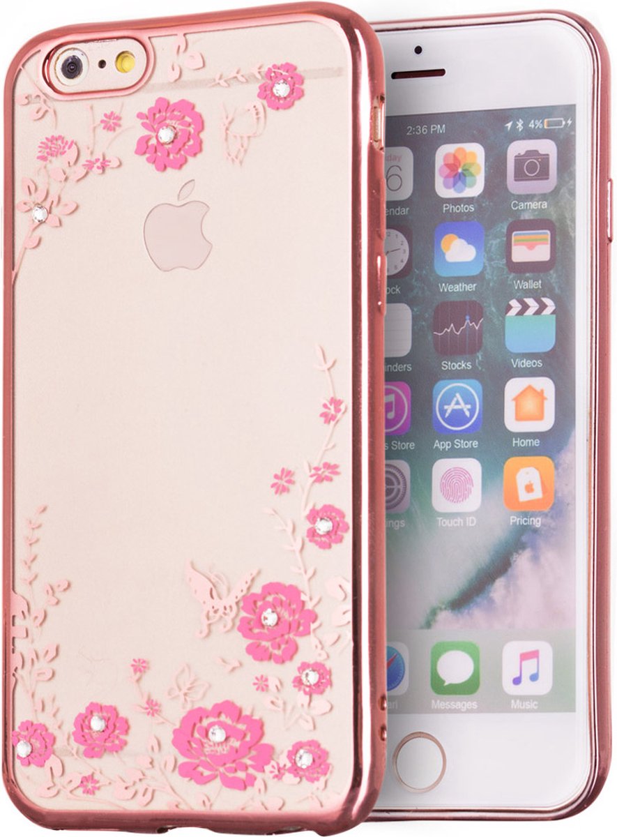 Peachy Roze TPU hoesje bloemen vlinders case iPhone 6 6s