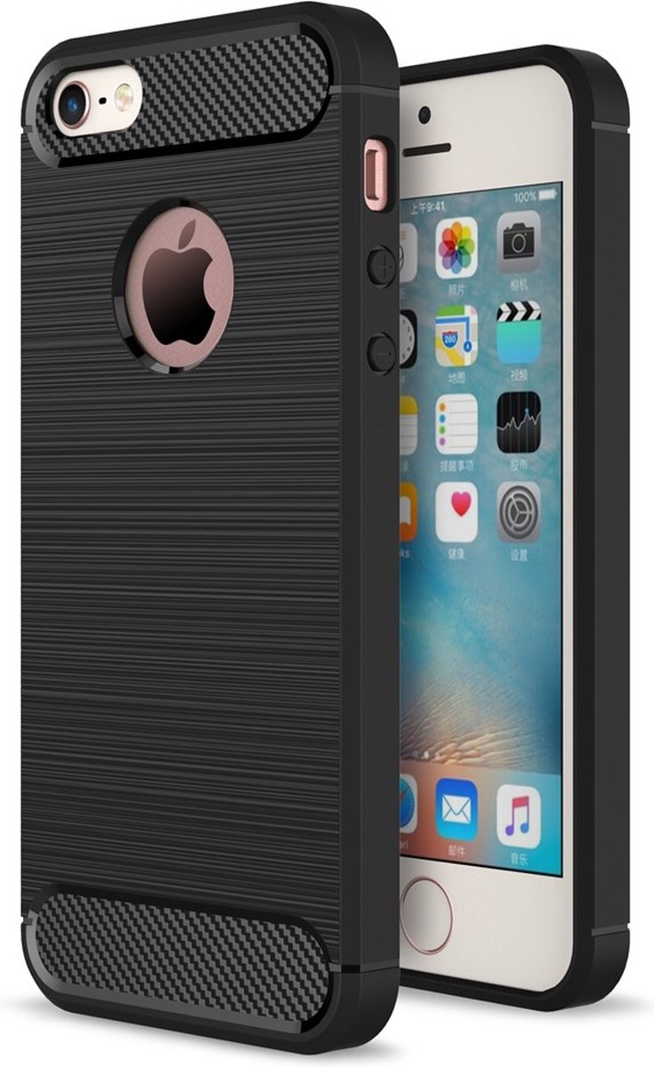 Peachy Zwart carbon TPU hoesje geschikt voor iPhone 5 5s SE 2016 Armor
