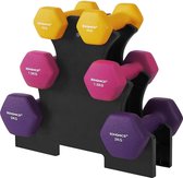 SONGMICS Halterset, hexagon, met halterstandaard, 2 x 1 kg, 2 x 1,5 kg, 2 x 2 kg, matte afwerking, neopreen coating, krachttraining voor vrouwen, thuis, in de sportschool