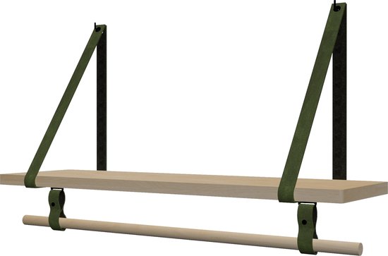 Plankje Roe 98cm - Handles and more® | KAKI (Complete set: leren plankdragers + plank eikenhout + roede)