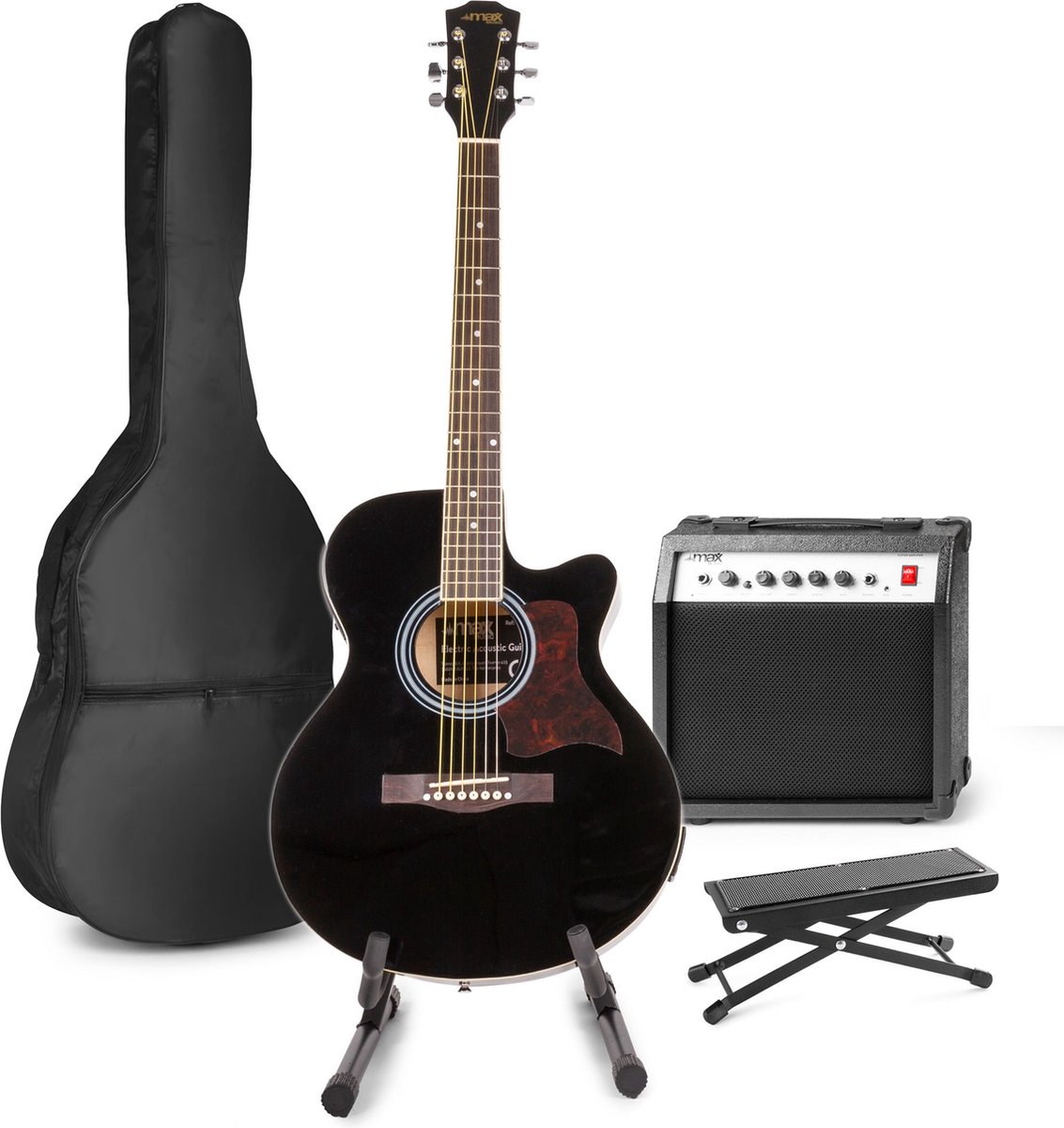 Elektrisch akoestische gitaar - MAX ShowKit gitaarset met 40W gitaar versterker, gitaar standaard, gitaar voetenbankje, gitaar stemapparaat, gitaartas en plectrum - Zwart