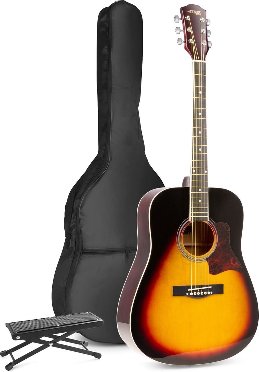 Akoestische gitaar voor beginners - MAX SoloJam Western gitaar - Incl. voetsteun gitaar stemapparaat gitaartas en 2x plectrum - Sunburst