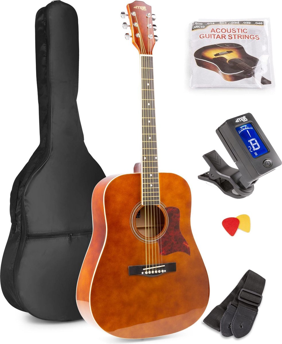 Akoestische gitaar voor beginners - MAX SoloJam Western gitaar - incl. gitaar stemapparaat, gitaartas en 2x plectrum - Bruin (hout)
