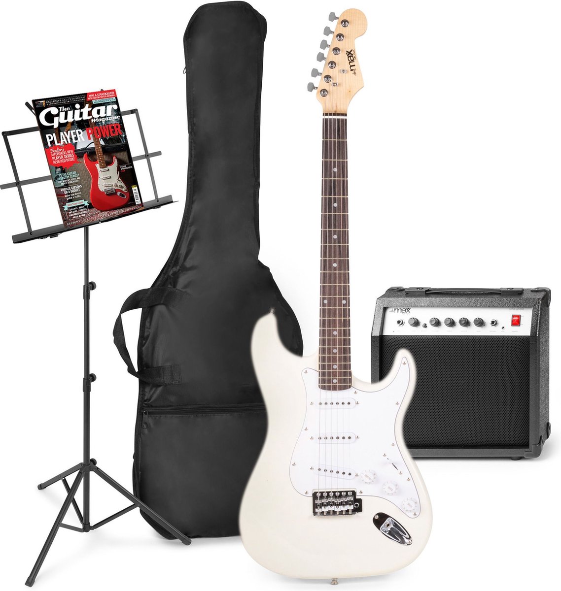 Elektrische gitaar met gitaar versterker - MAX Gigkit - Perfect voor beginners - incl. muziekstandaard, gitaar stemapparaat, gitaartas en plectrum - Wit