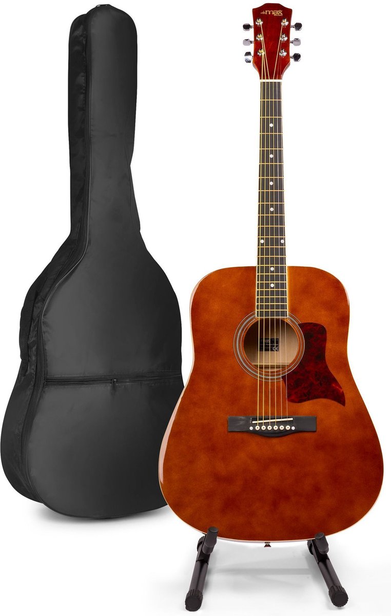 Akoestische gitaar voor beginners - MAX SoloJam Western gitaar - Incl. gitaar standaard, gitaar stemapparaat, gitaartas en 2x plectrum - Bruin (hout)