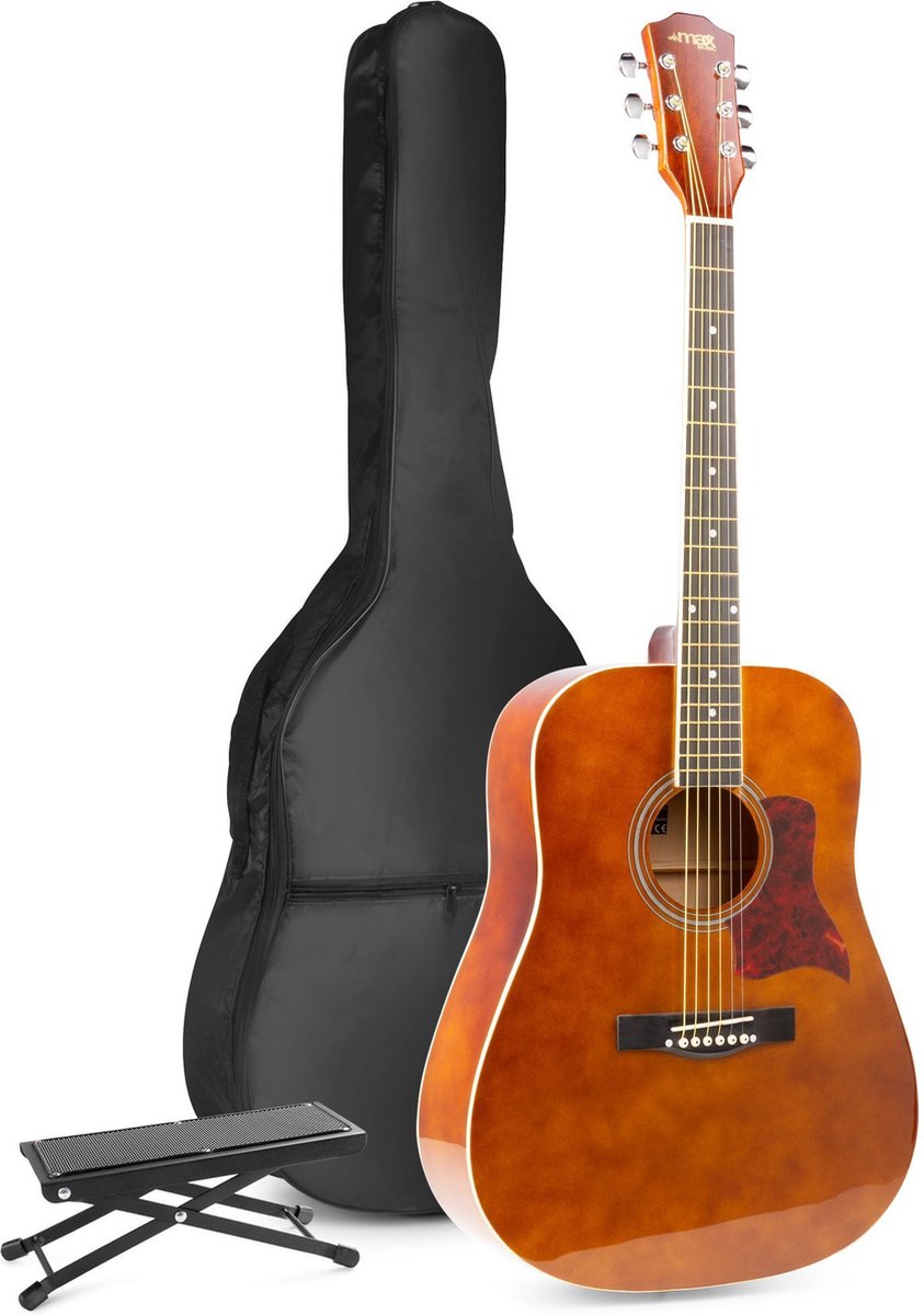 Akoestische gitaar voor beginners - MAX SoloJam Western gitaar - Incl. voetsteun, gitaar stemapparaat, gitaartas en 2x plectrum - Bruin (hout)