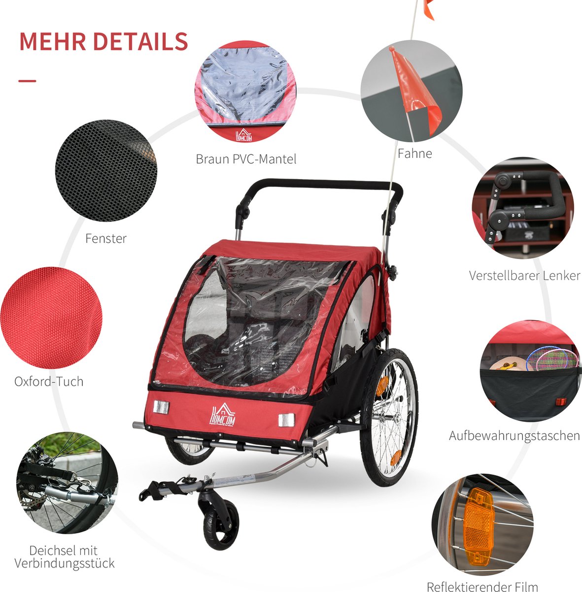HOMCOM Children's Trailer Bicycle Trailer Children's Bicycle Trailer for 2 Children with Flag Rain Protection Breathable Oxford Fabric Steel Blue 155 x 88 x 108 cm