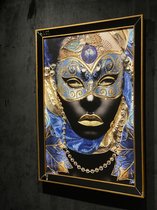 Schilderij 3D 'Masked Woman Carnival' op doek 80x110 - Houten lijst met spiegel bewerking, reliëf effect, handgemaakte effecten
