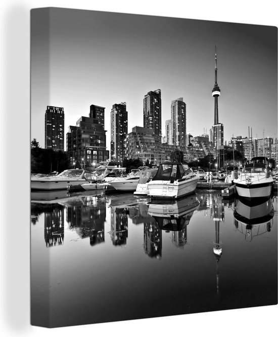 Canvas Schilderij De gebouwen van Toronto weerspiegelen in het water - zwart wit - 20x20 cm - Wanddecoratie