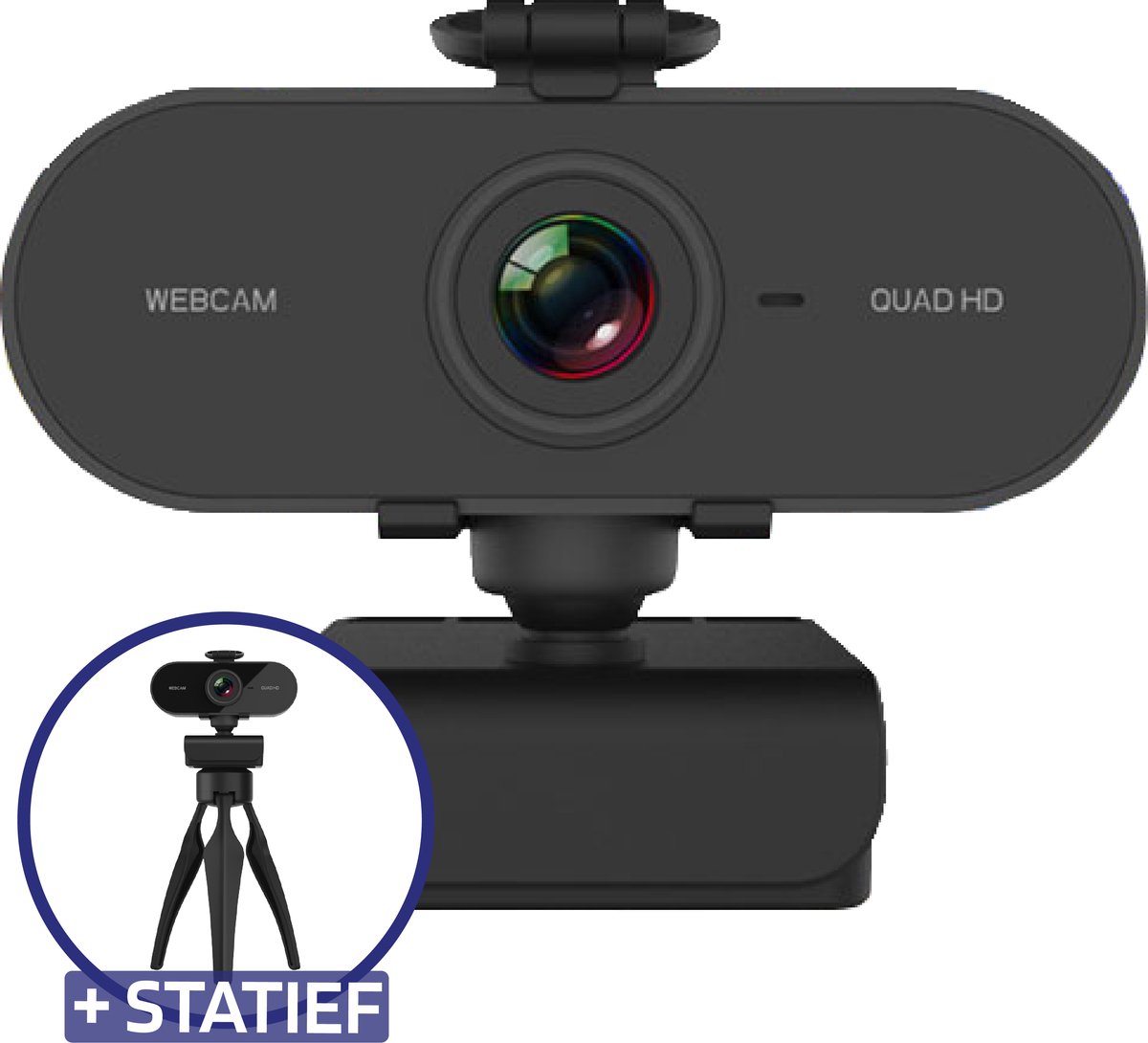 Techgenics 2K Webcam - Met Microfoon en USB - Webcam voor PC - Incl. Webcam Cover en Statief - Glans