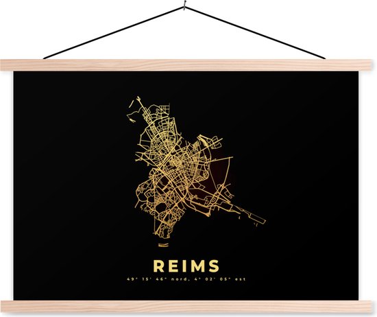 Posterhanger incl. Poster - Schoolplaat - Plattegrond – Reims – Stadskaart - Kaart - Frankrijk - Goud - 150x100 cm - Blanke latten - Plattegrond