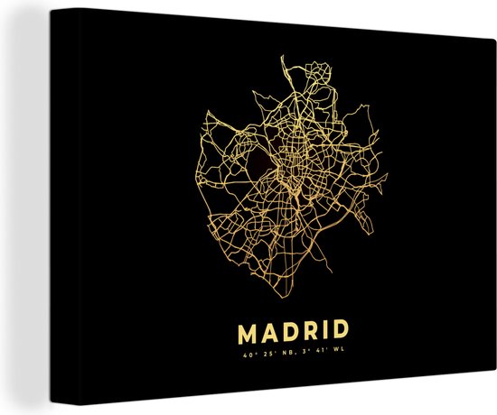 Canvas Schilderij Madrid - Spanje - Kaart - Goud - 60x40 cm - Wanddecoratie