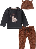 Noppies - Kledingset - 3delig - broek Berville bruin met panterprint - shirt Roedtan grijs met panter - Muts edendale -  Maat 56