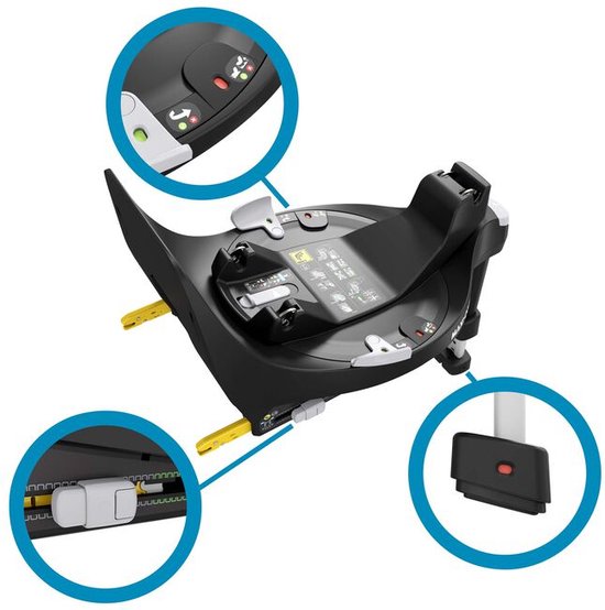 Maxi-Cosi FamilyFix 360 base met vergrote details van ontgrendelingsmechanisme en steunpoot.