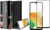 Hoesje geschikt voor Samsung Galaxy A33 - Book Case Spiegel Wallet Cover Hoes Zwart - Full Tempered Glass Screenprotector