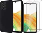 Hoesje geschikt voor Samsung Galaxy A33 - Matte Back Cover Microvezel Siliconen Case Hoes Zwart - 2x Tempered Glass Screenprotector