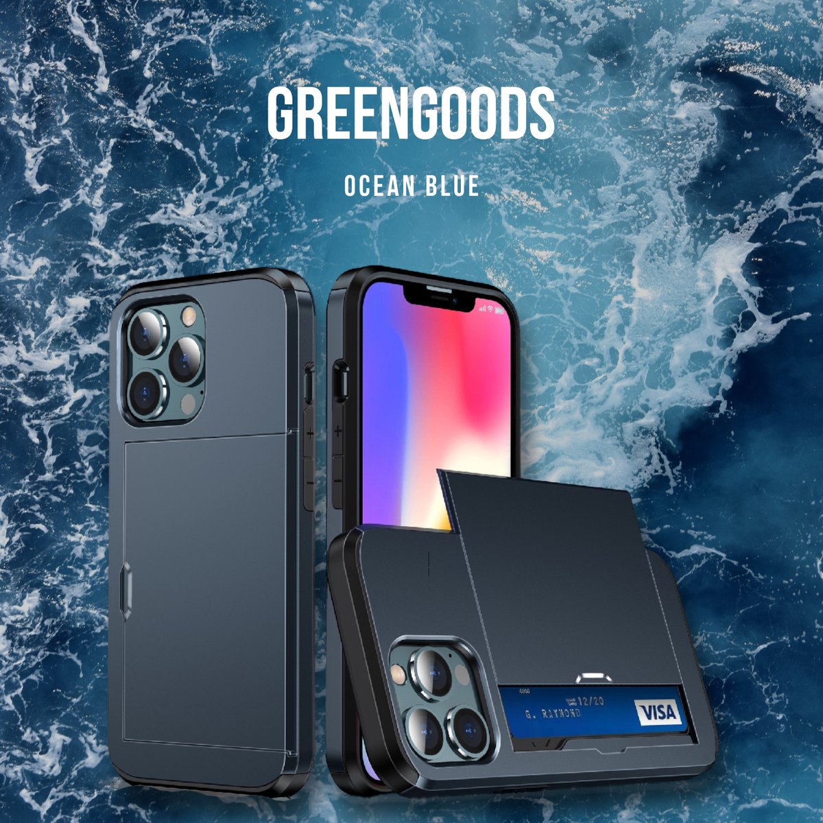 iPhone 12 / 12 Pro Slim Card Case (3x) | Ocean Blue | Wallet | Blauw | Pasjeshouder | GreenGoods