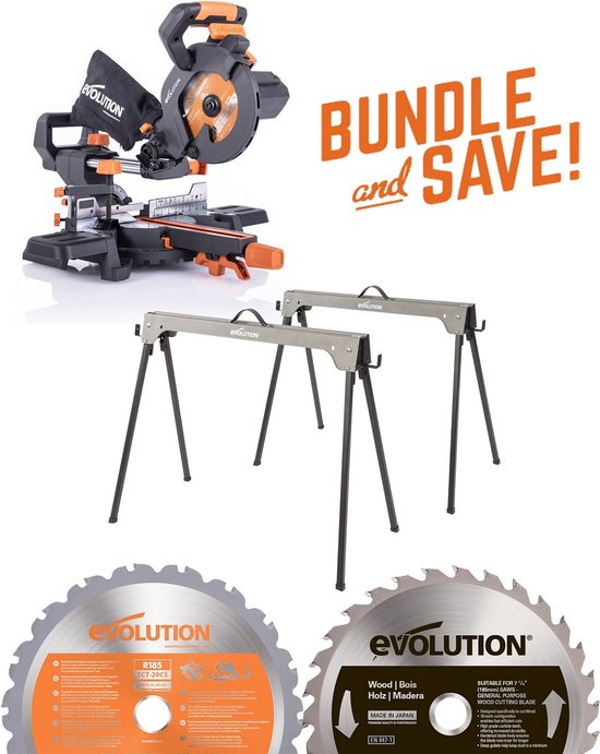 EVOLUTION - COMBOPACK R185SMS+ + SAWHORSE + ZAAGBLAD HOUT - DIA 185 MM - 1200W - 13KG