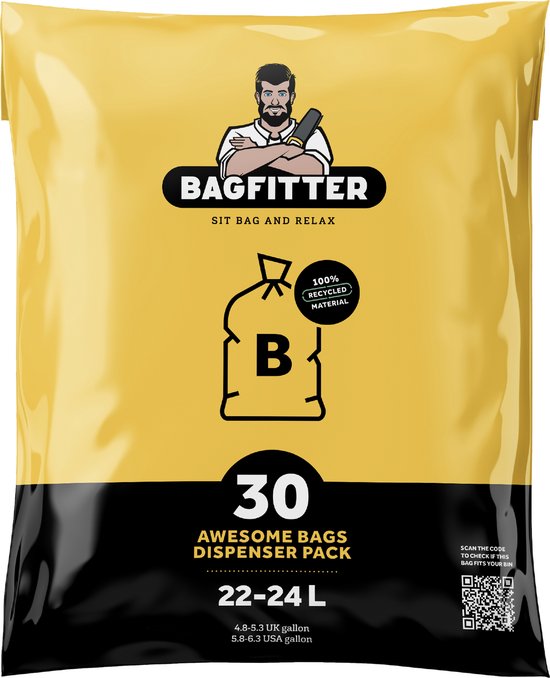 BagFitter Geel B 22L tot 24L Vuilniszak met Trekband van 100% Gerecycled Plastic - 70cmx 43cm - 30 stuks - 22-24 Liter - Vuilniszakken - Afvalzakken - Prullenbakzakken geschikt voor o.a. Homra Qubix 3vaks