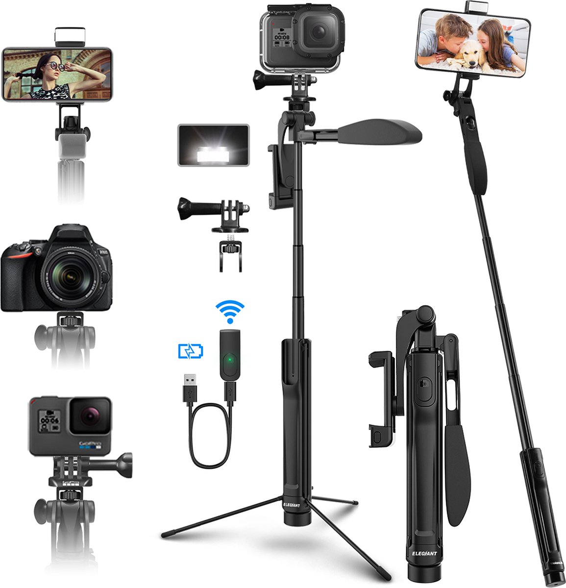 Selfie Stick Statief-Tripod - 4-IN-1 selfie stok 360 ° draaibaar met Video Balance Grip + Bleutooth Remote + LED-licht-Voor camera/telefoon tot 6.8